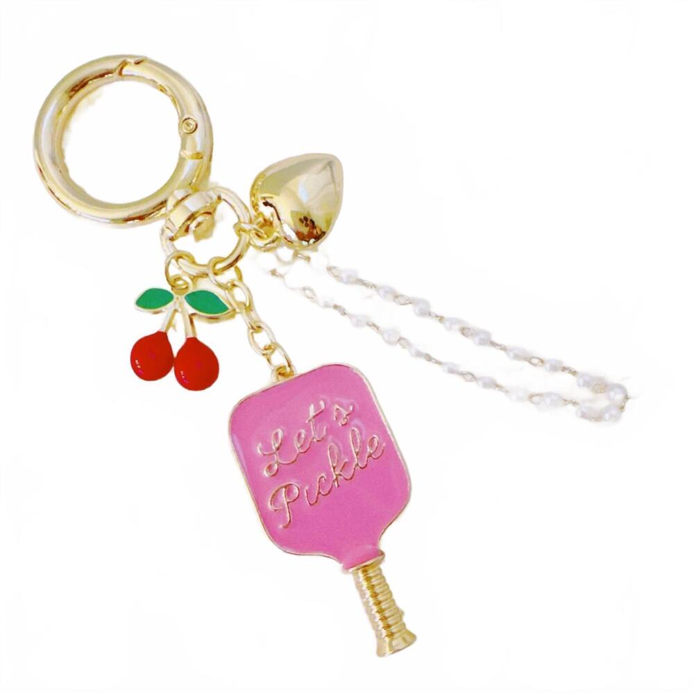 NEW ELLISON+YOUNG women's pickleball cherry bag charm and keychain in gold pink